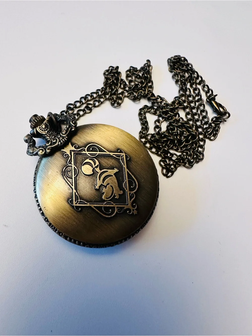 Bronze Alice in Wonderland Pocket Watch with chain 28” NEW UNTESTED NO BOX